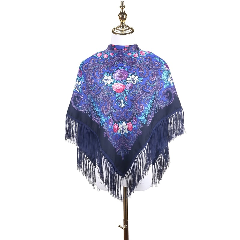 Női sál - virágmintás orosz print rojtokkal, poliészter, twill szövés, egész éves meleg