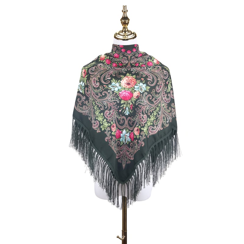 Női sál - virágmintás orosz print rojtokkal, poliészter, twill szövés, egész éves meleg