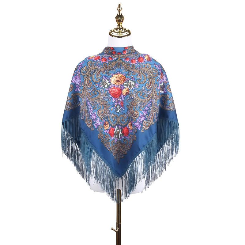 Női sál - virágmintás orosz print rojtokkal, poliészter, twill szövés, egész éves meleg