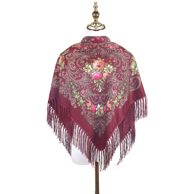 Női sál - virágmintás orosz print rojtokkal, poliészter, twill szövés, egész éves meleg