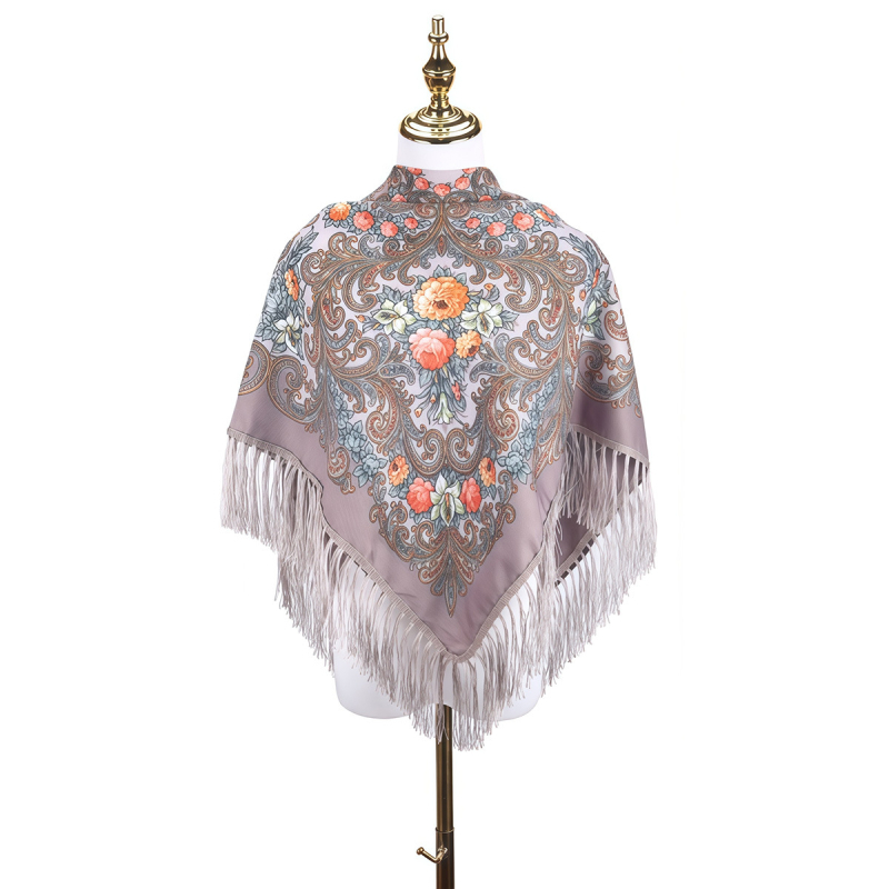 Női sál - virágmintás orosz print rojtokkal, poliészter, twill szövés, egész éves meleg