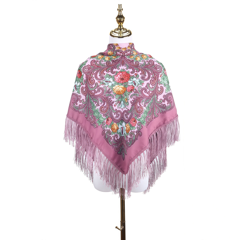 Női sál - virágmintás orosz print rojtokkal, poliészter, twill szövés, egész éves meleg