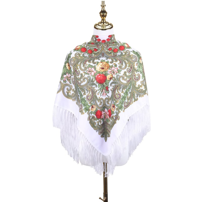 Női sál - virágmintás orosz print rojtokkal, poliészter, twill szövés, egész éves meleg