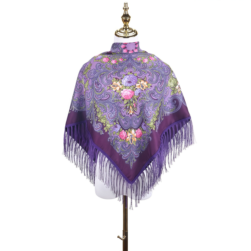 Női sál - virágmintás orosz print rojtokkal, poliészter, twill szövés, egész éves meleg