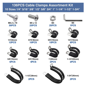 Spona za crijevo od 304 nehrđajućeg čelika s gumom, set od 136 kom., vijčano držalo cijevi s amortizacijskim prstenom