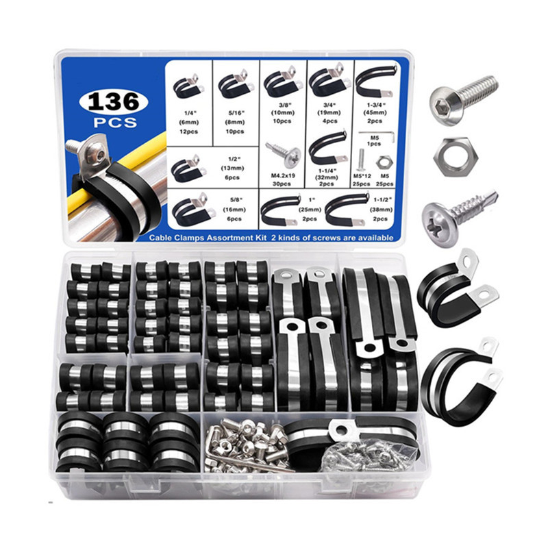 Spona za crijevo od 304 nehrđajućeg čelika s gumom, set od 136 kom., vijčano držalo cijevi s amortizacijskim prstenom