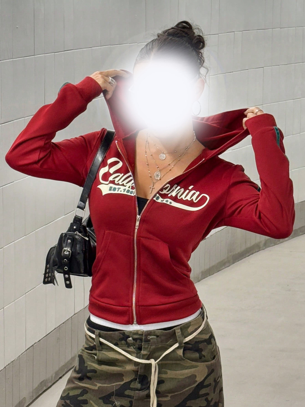 Moteriškas gobtuvinis kardiganas su užtrauktuku, spausdintas tekstas dizainas, poliesterio audinys, trumpas kirpimas