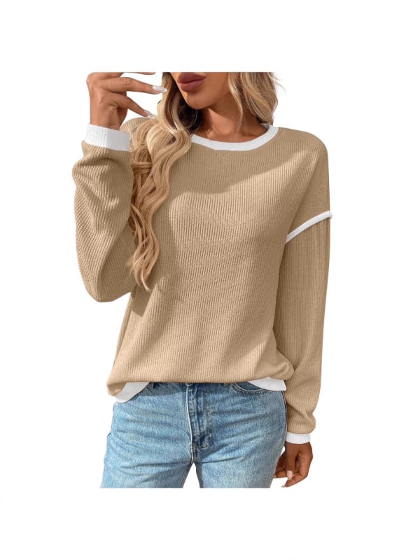 Sieviešu corduroy patchwork džemperis ar apaļu kaklu, garām piedurknēm, 95% poliesters