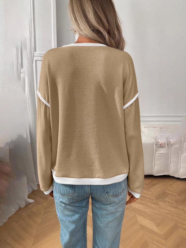 Moteriškas corduroy patchwork megztinis su apvaliu kaklu, ilgomis rankovėmis, 95% poliesteris