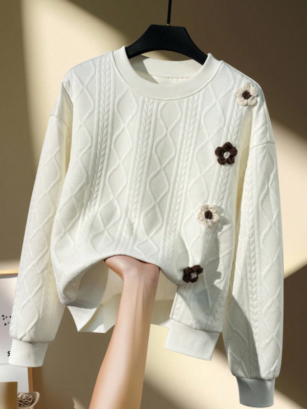 Sieviešu florālā printa brīvi piegriezts džemperis ar apaļu kaklu, garām piedurknēm, poliesters, regulāra garuma, elegantā ikdienas stilā, 2025. gada rudens