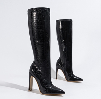 Γυναικείες μπότες μέχρι το γόνατο - μυτερός δαχτυλος, χοντρός ψηλός τακούνι, πλαϊνό φερμουάρ, PU πάνω με υφή πέτρας