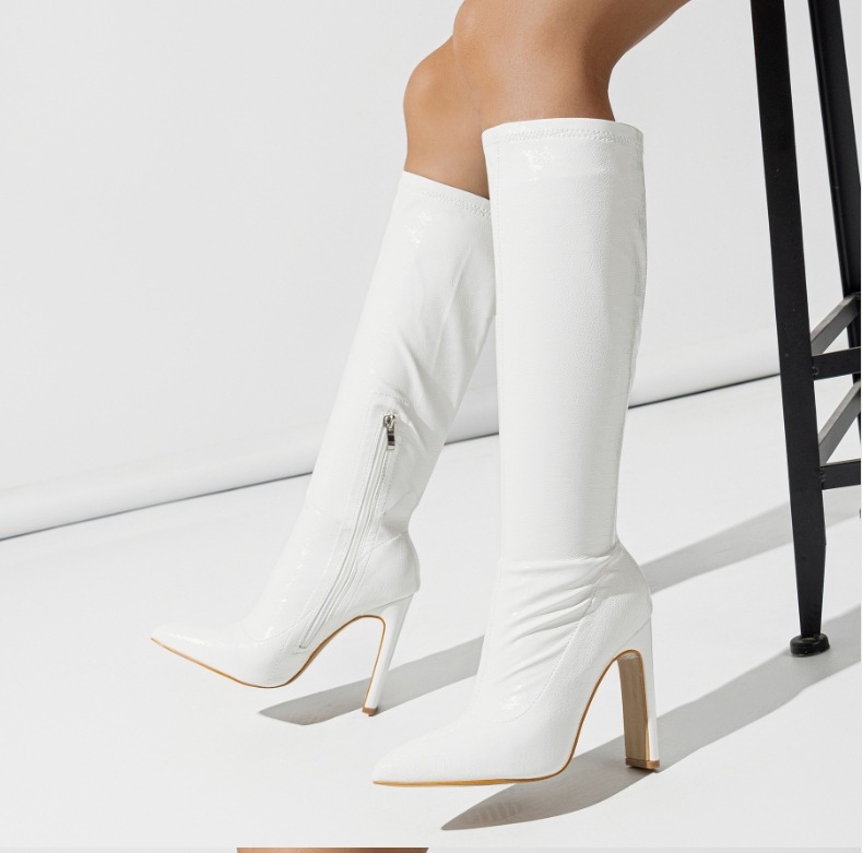 Sieviešu ceļgalu zābaki - asinā pirksta forma, masīvs augsts papēdis, sānu rāvējslēdzējs, PU augšdaļa ar akmens tekstūru