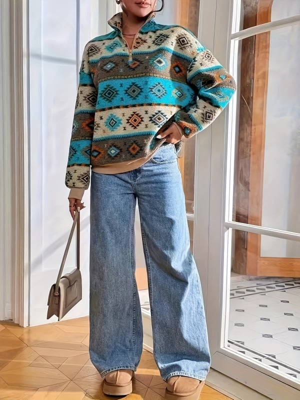 Ženska jakna od poliestera sa zipom, kapuljom, printom, slobodan kroj, krzno ovratnik