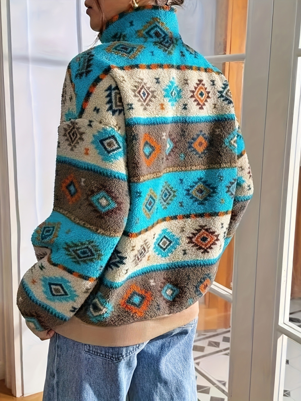 Ženska jakna od poliestera sa zipom, kapuljom, printom, slobodan kroj, krzno ovratnik