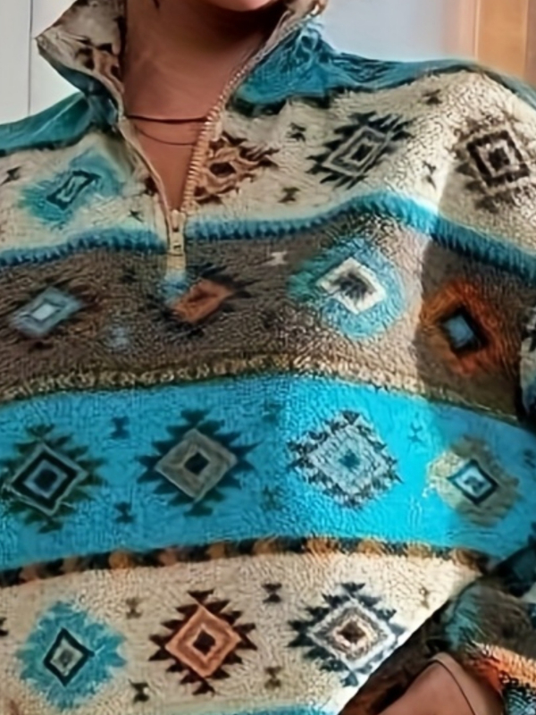 Ženska jakna od poliestera sa zipom, kapuljom, printom, slobodan kroj, krzno ovratnik