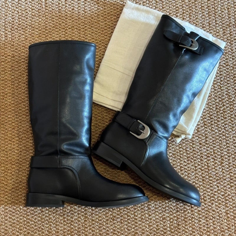 Женски високи ботуши стил рицар, горна част от телешка кожа, гумена подметка, зимни ботуши