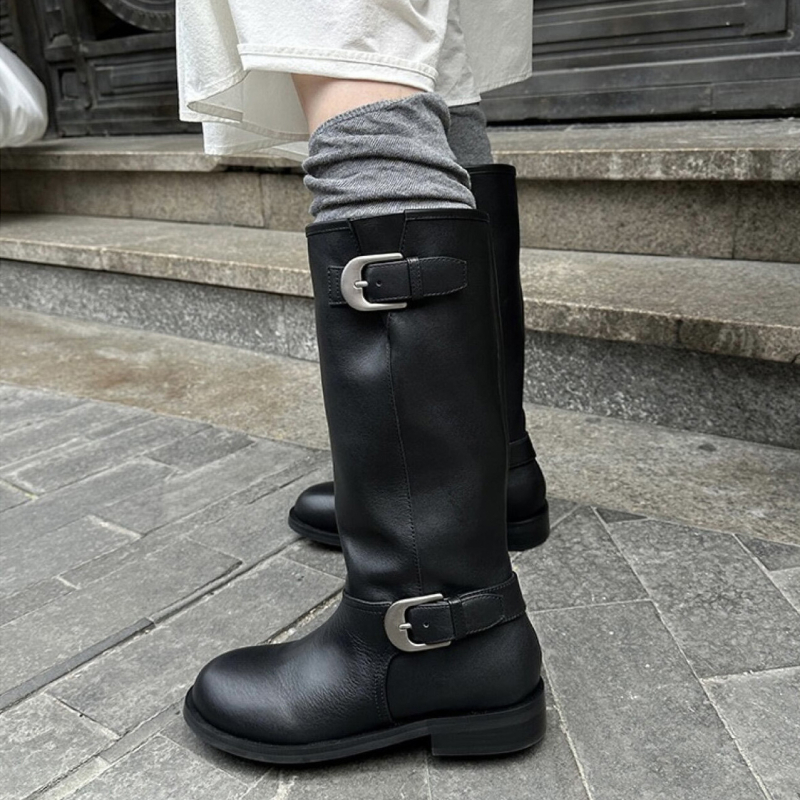 Женски високи ботуши стил рицар, горна част от телешка кожа, гумена подметка, зимни ботуши