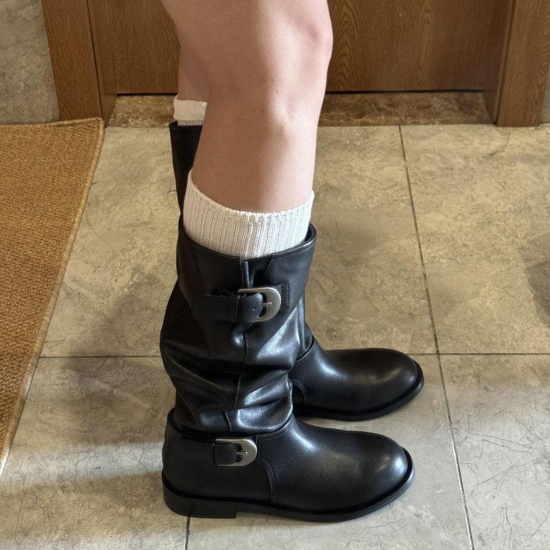 Женски високи ботуши стил рицар, горна част от телешка кожа, гумена подметка, зимни ботуши