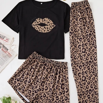 Trīsdaļīgs sieviešu mājas tērpu komplekts: tops ar īsām piedurknēm, šorti un bikses, Milk Silk audums, poliesters, plāns, 121–140 g/m²