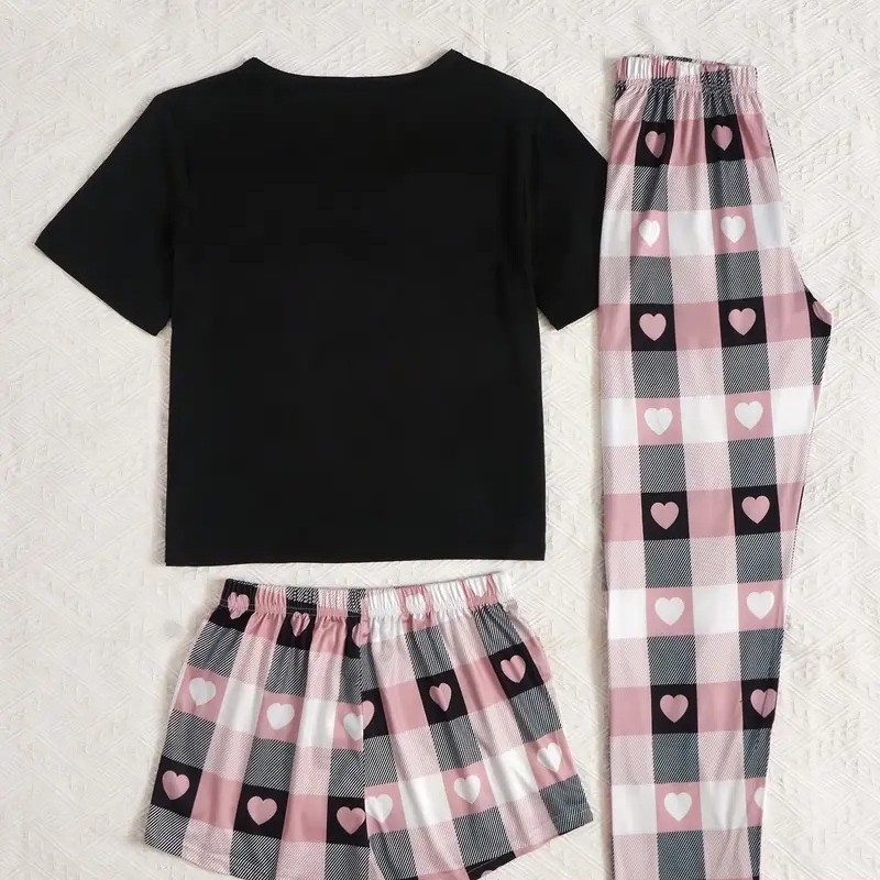 Trīsdaļīgs sieviešu mājas tērpu komplekts: tops ar īsām piedurknēm, šorti un bikses, Milk Silk audums, poliesters, plāns, 121–140 g/m²