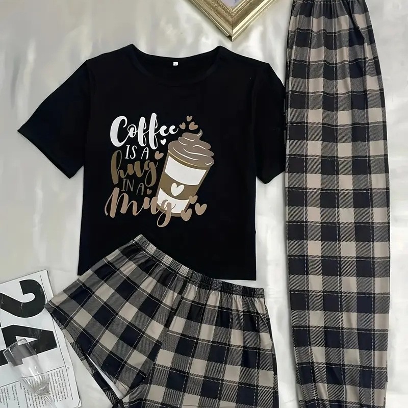 Trīsdaļīgs sieviešu mājas tērpu komplekts: tops ar īsām piedurknēm, šorti un bikses, Milk Silk audums, poliesters, plāns, 121–140 g/m²