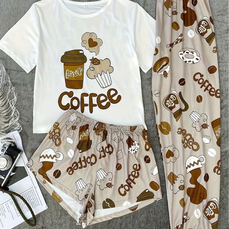 Trīsdaļīgs sieviešu mājas tērpu komplekts: tops ar īsām piedurknēm, šorti un bikses, Milk Silk audums, poliesters, plāns, 121–140 g/m²