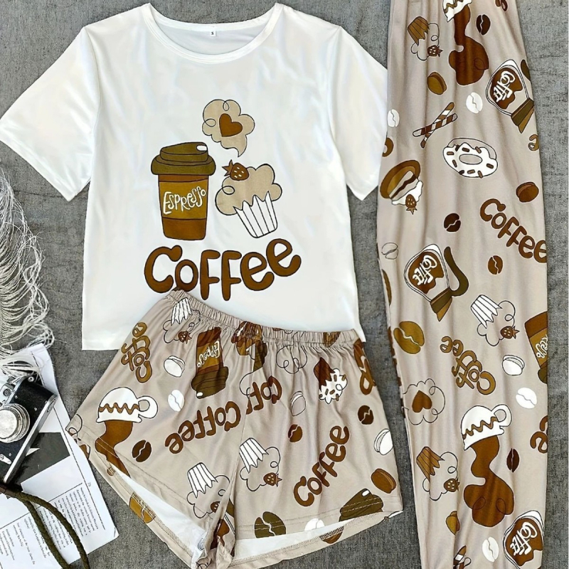 Trīsdaļīgs sieviešu mājas tērpu komplekts: tops ar īsām piedurknēm, šorti un bikses, Milk Silk audums, poliesters, plāns, 121–140 g/m²