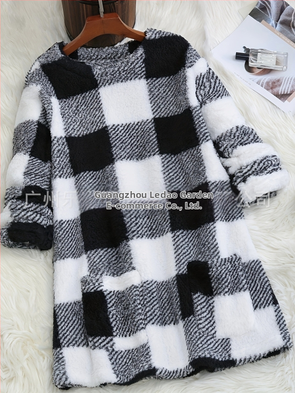 Dlhý dámsky sveter z polyestera s kockovaným vzorom, okrúhly výstrih, vrecko, voľný strih