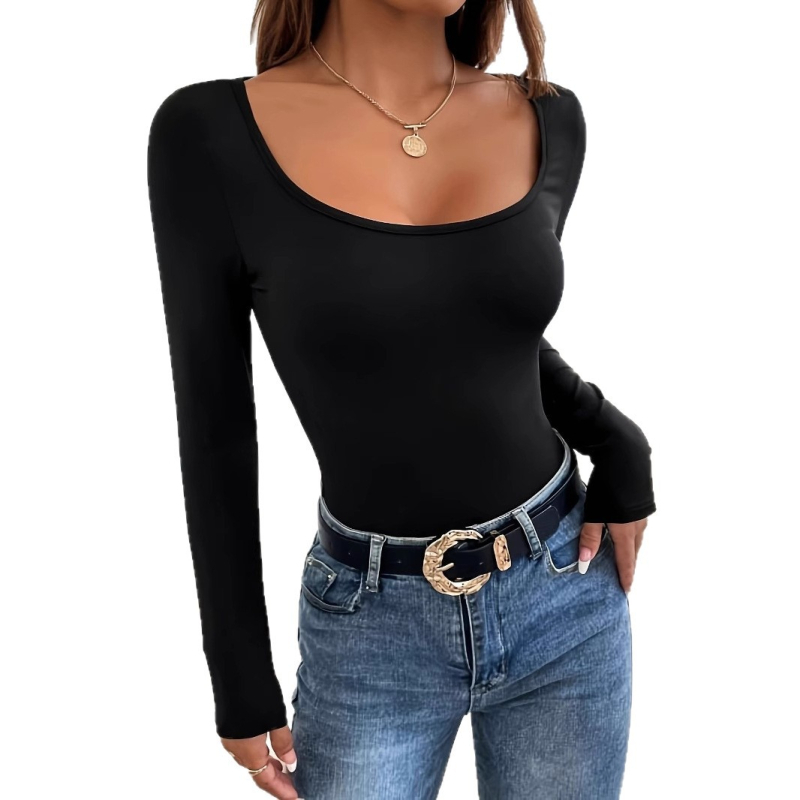 Ženski pleteni T-iz s dugim rukavom i četvrtastim ovratnikom, slobodan kroj, 90-95% poliester, zapadnjački street hipster stil, ljeto 2025