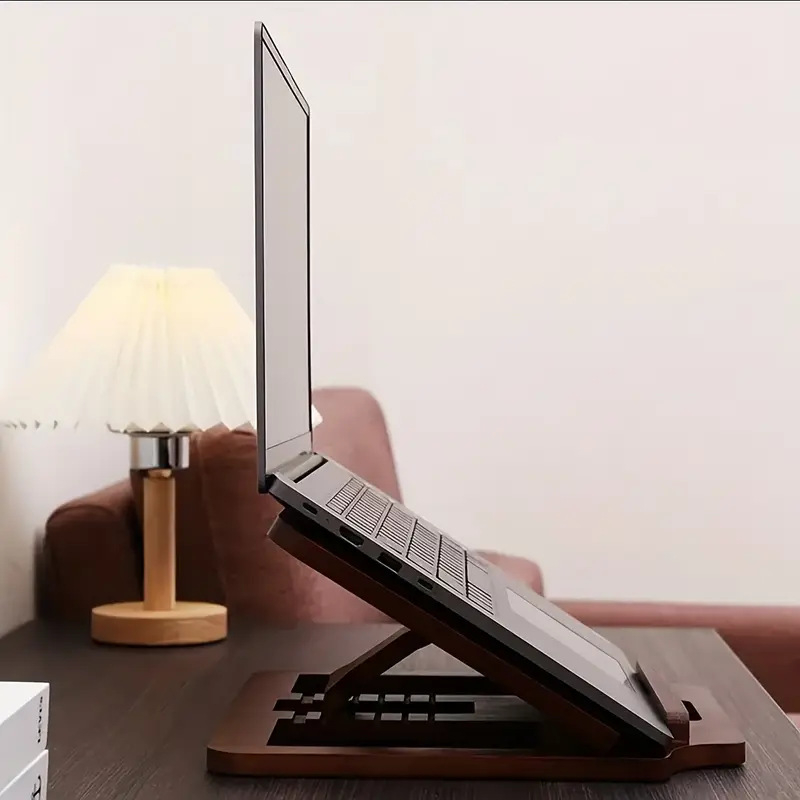 Salokāms bambusa klēpjdatora statīvs ar darbvirsmas pacelšanu un piestipētu dzesēšanas pamatni (universāls)