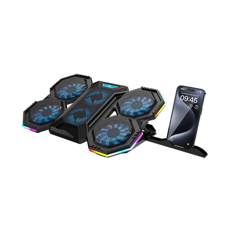 Portatīvo datora dzesētājs – seši ventilatori, gaisa dzesēšana, modelis NCP-079RGB, saderīgs ar klēpjdatoriem/Ultrabook/Playbook, ar telefona turētāju, materiāls: plastmasa + dzelzs režģis