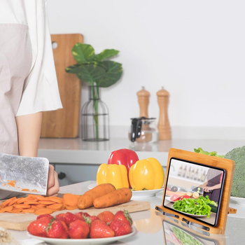 Bambusz konyhai könyvállvány — összecsukható, asztali használathoz, modern minimál stílus, megfelelő szakácskönyvekhez, tankönyvekhez és tabletekhez