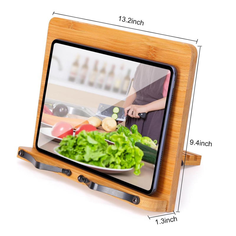 Bambusz konyhai könyvállvány — összecsukható, asztali használathoz, modern minimál stílus, megfelelő szakácskönyvekhez, tankönyvekhez és tabletekhez