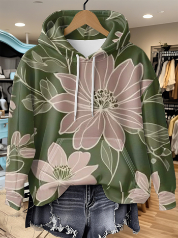 Φούτερ με κουκούλα, φλοράλ εκτύπωση σε πολυεστέρα, χαλαρή γραμμή, μακριά μανίκια