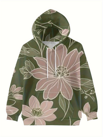 Φούτερ με κουκούλα, φλοράλ εκτύπωση σε πολυεστέρα, χαλαρή γραμμή, μακριά μανίκια