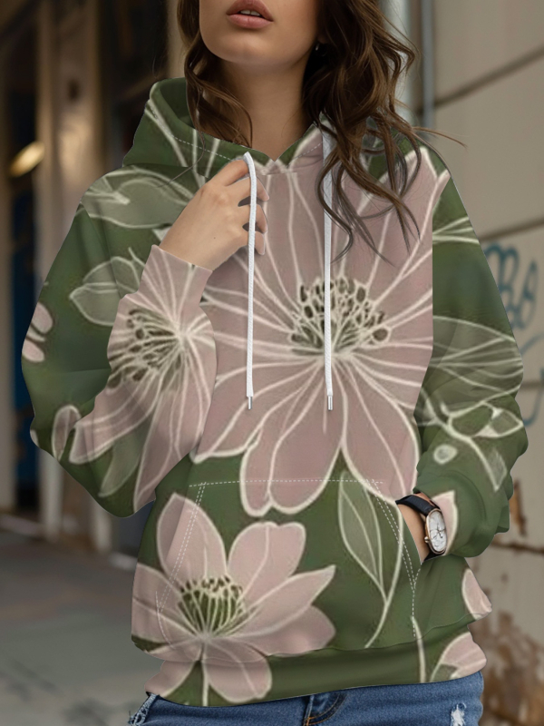 Φούτερ με κουκούλα, φλοράλ εκτύπωση σε πολυεστέρα, χαλαρή γραμμή, μακριά μανίκια