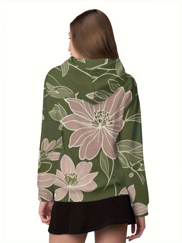 Φούτερ με κουκούλα, φλοράλ εκτύπωση σε πολυεστέρα, χαλαρή γραμμή, μακριά μανίκια