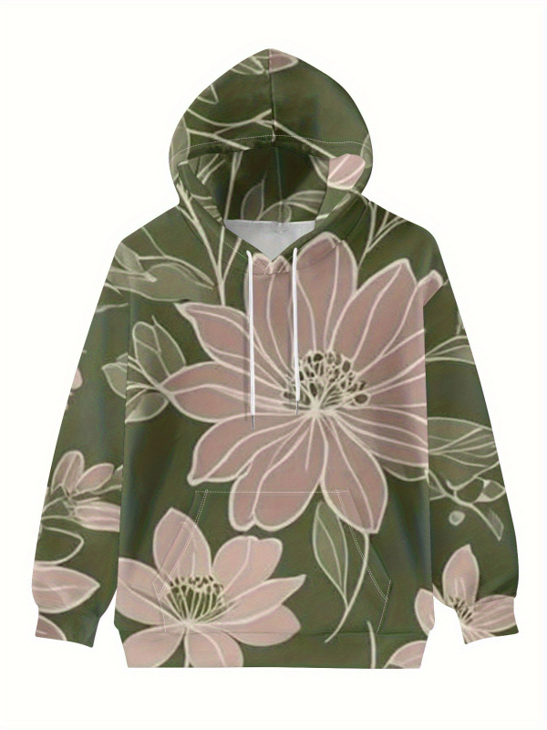 Φούτερ με κουκούλα, φλοράλ εκτύπωση σε πολυεστέρα, χαλαρή γραμμή, μακριά μανίκια