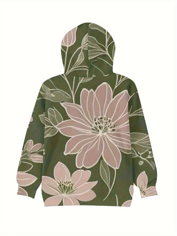 Φούτερ με κουκούλα, φλοράλ εκτύπωση σε πολυεστέρα, χαλαρή γραμμή, μακριά μανίκια