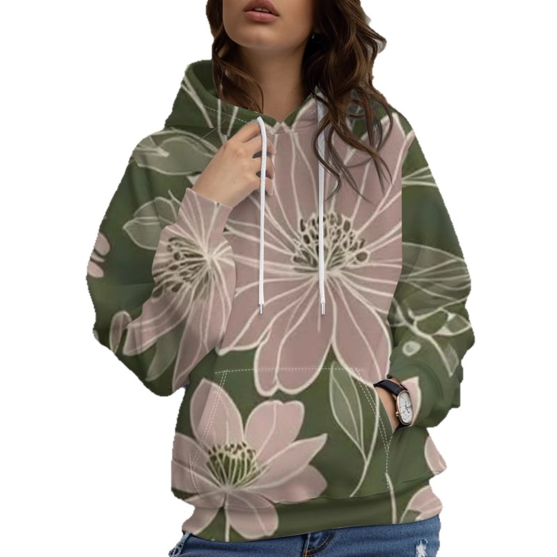 Φούτερ με κουκούλα, φλοράλ εκτύπωση σε πολυεστέρα, χαλαρή γραμμή, μακριά μανίκια