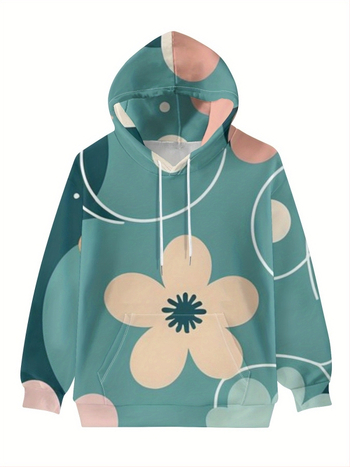 Γυναικείος φούτερ με κουκούλα, φλοράλ μοτίβο, χαλαρή γραμμή, μακριά μανίκια, πολυεστερικό ύφασμα