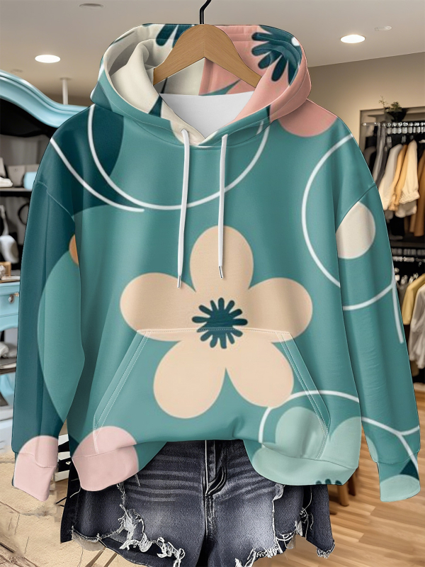 Γυναικείος φούτερ με κουκούλα, φλοράλ μοτίβο, χαλαρή γραμμή, μακριά μανίκια, πολυεστερικό ύφασμα