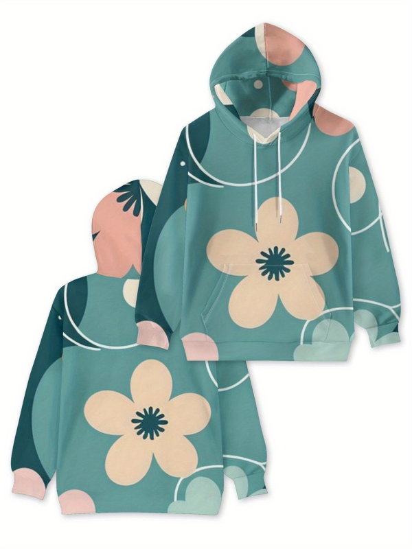 Γυναικείος φούτερ με κουκούλα, φλοράλ μοτίβο, χαλαρή γραμμή, μακριά μανίκια, πολυεστερικό ύφασμα