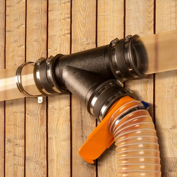 Siurbimo įrenginio adapteris dulkių surinkėjui, su trim kryptimis vožtuvu ir žarnos jungtimi