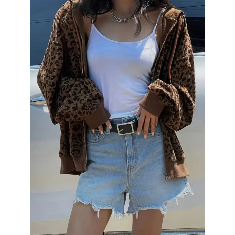 Leoparda raksta kapucētais kardigans, plaša piegriezuma, kordurojas audums, rāvējslēdzējs