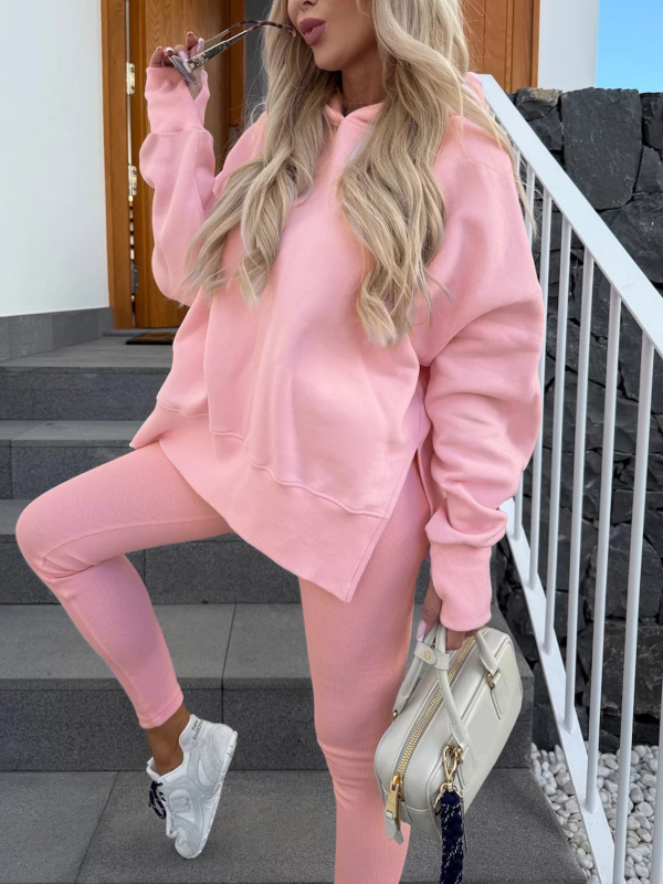 Set casual din două piese cu top cu mânecă lungă și pantaloni lungi, tricot poliester-spandex, model monocrom; stil casual japonez și coreean