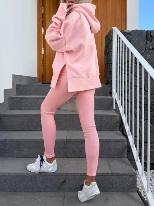 Set casual din două piese cu top cu mânecă lungă și pantaloni lungi, tricot poliester-spandex, model monocrom; stil casual japonez și coreean