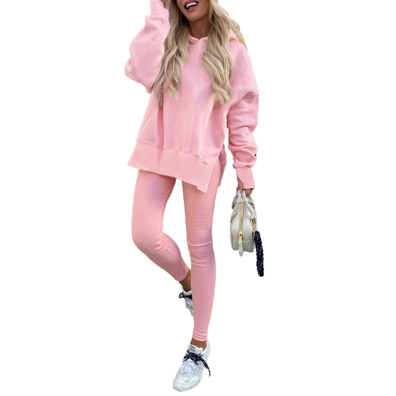 Set casual din două piese cu top cu mânecă lungă și pantaloni lungi, tricot poliester-spandex, model monocrom; stil casual japonez și coreean