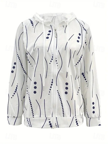 Ženska jakna s kapuljačom i zatvaračem, geometrijski patchwork uzorak, labav kroj, dugi rukavi, poliester/spandeks smjes