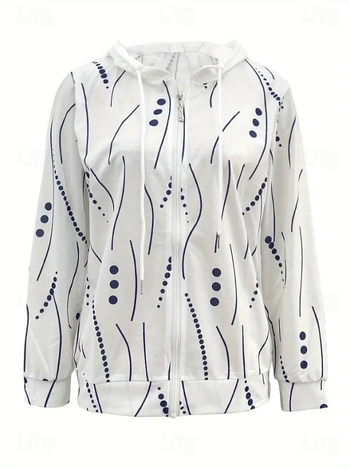 Ženska jakna s kapuljačom i zatvaračem, geometrijski patchwork uzorak, labav kroj, dugi rukavi, poliester/spandeks smjes